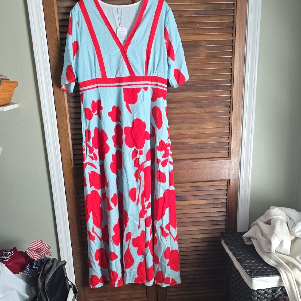 Light Blue & Red Floral V-Neck Maxi Dress - Classic Women's Style
